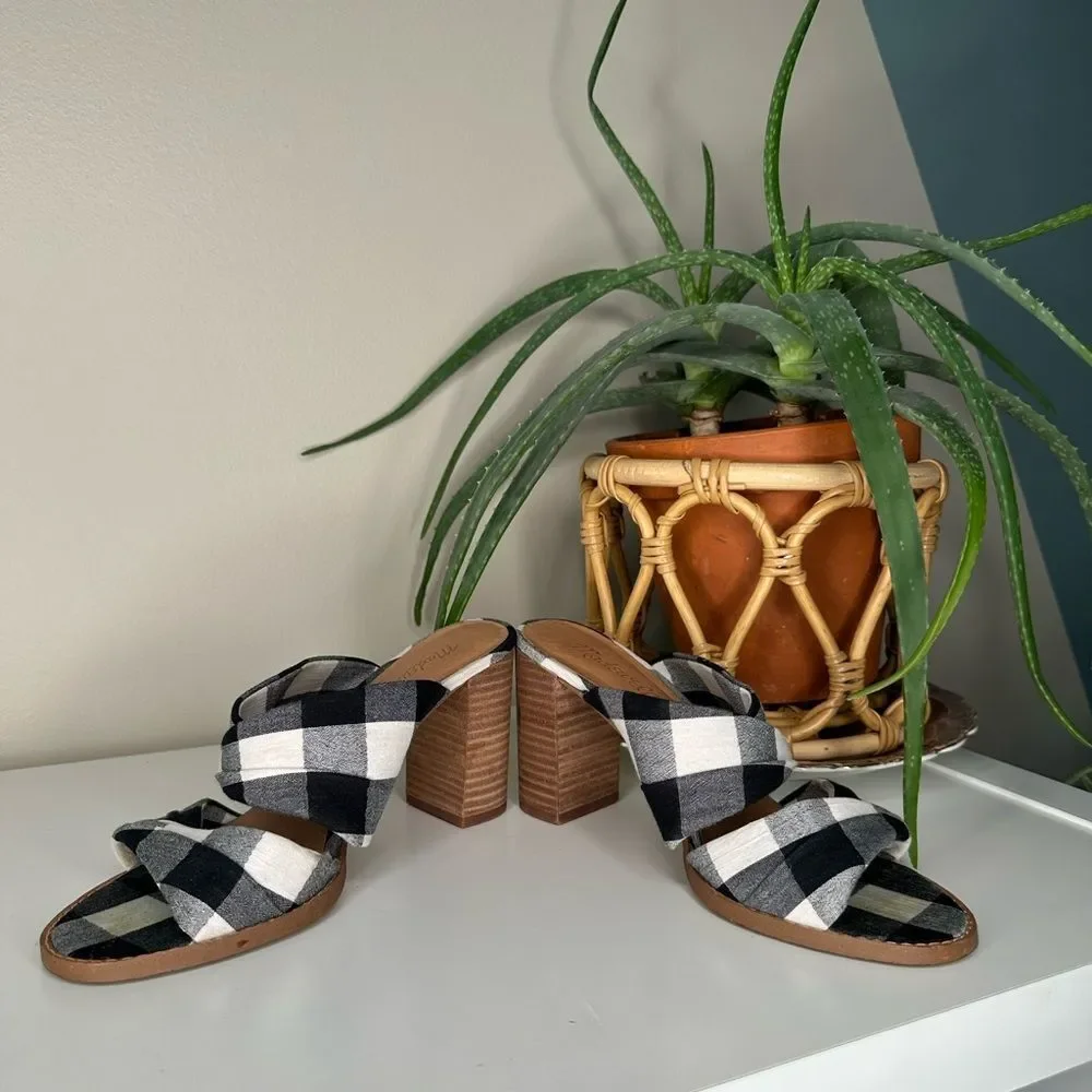 Madewell Alexandria Gingham Block Heel Sandals Twist Strap Black White Mule 7.5 - Picture 3 of 14
